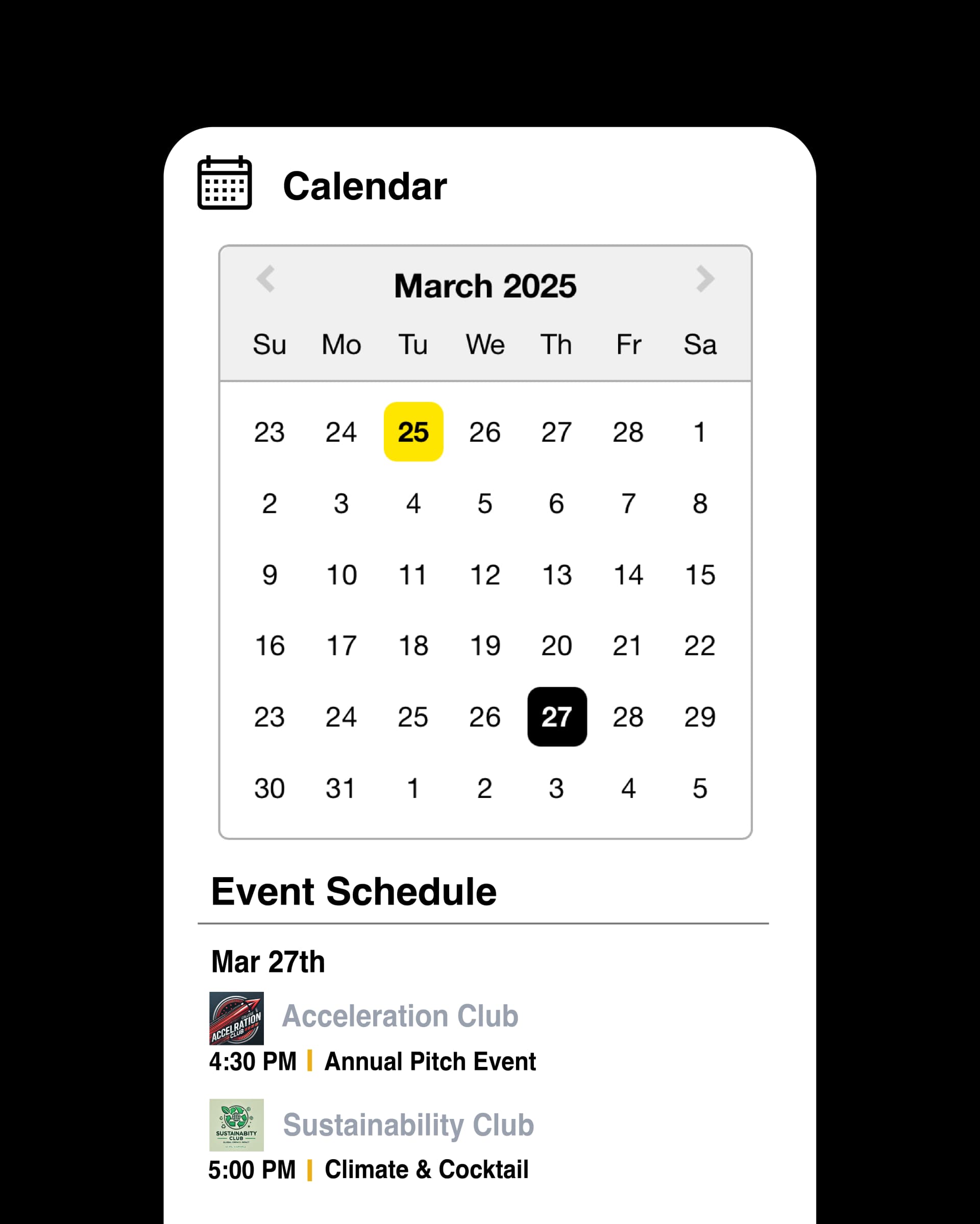 Social calendar and event sync UI