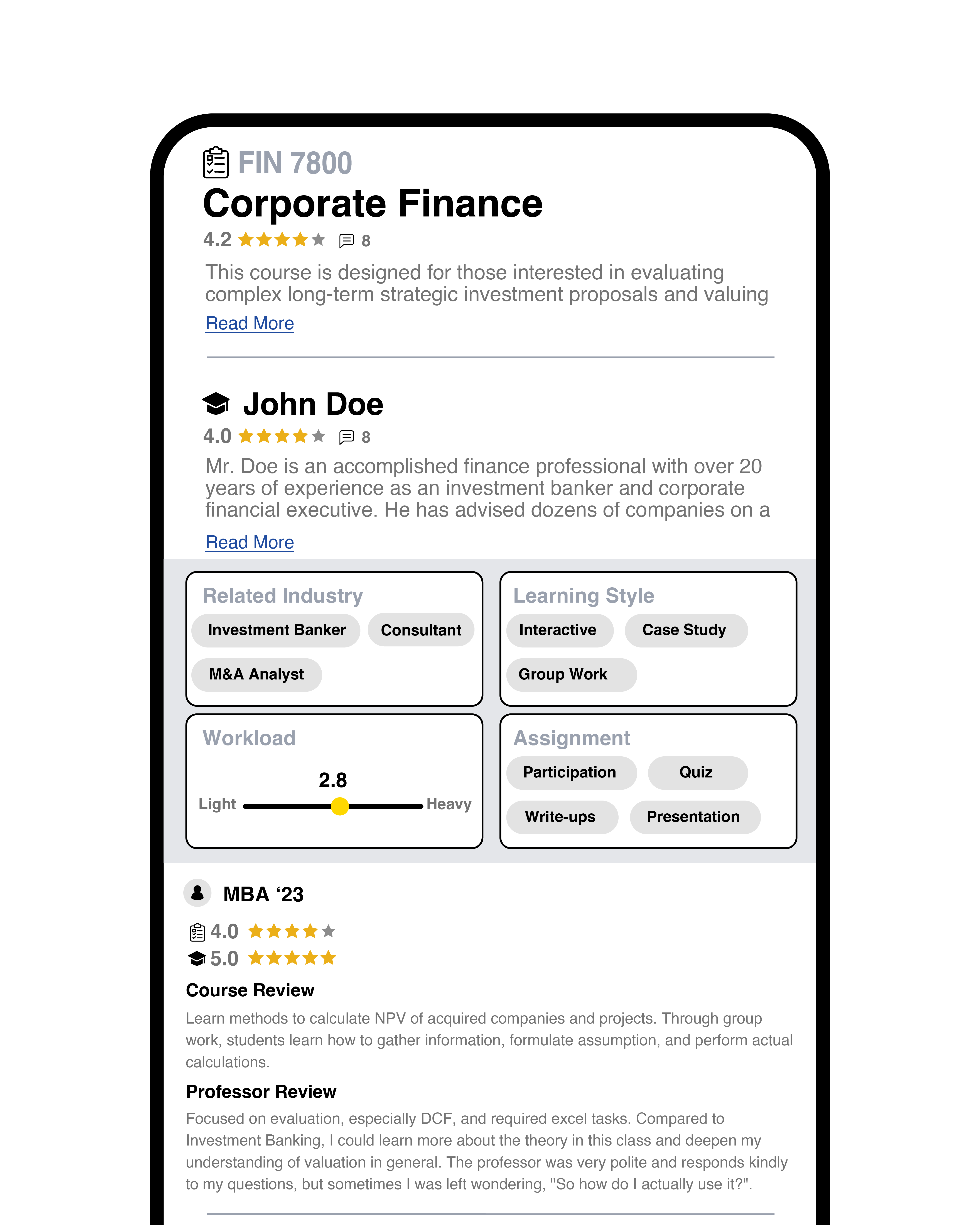 Course and professor review UI